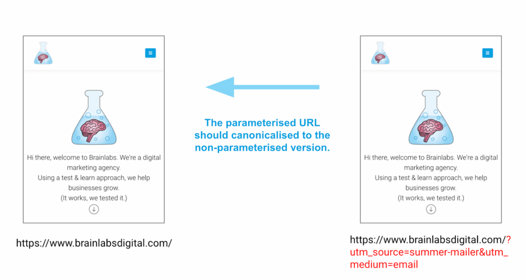 parametrised brainlabsdigital.com URL canonicalised to non-parametrised version
