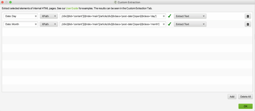 Screaming frog custom extraction window
